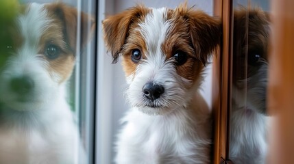 Cute small dog standing on two legs by window, searching or waiting for owner   indoor pet