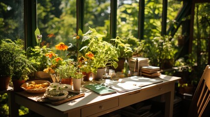 A desk in a sunroom with plants and books