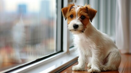 Adorable small dog standing on two legs by the window, searching or waiting for owner   indoor pet - obrazy, fototapety, plakaty