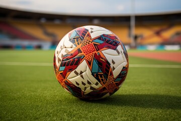 Fifa football patterned with african Ankara, placed on a football field in a stadium, African fifa Football, Generative Ai - obrazy, fototapety, plakaty
