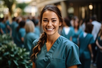 Naklejka premium Happy young female nurse in blue uniform standing in hospital hallway