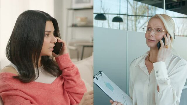 Split screen of two women communicating over phone. Young stylish hispanic customer woman using mobile phone indoors. Confident mature lady boss talking by smartphone while walking by modern office 4K