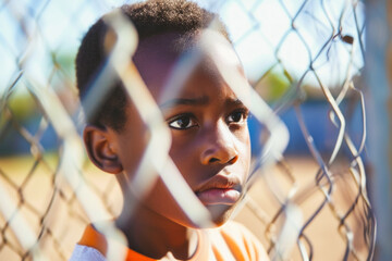 A child at the state border fence. Background with selective focus and copy space