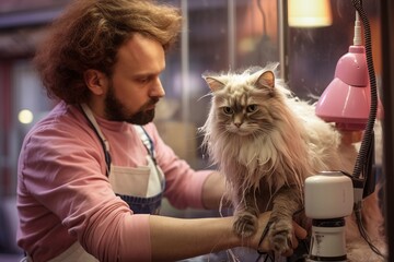  Step into a pet shop and witness a professional groomer using electric clippers to give a cat a stylish haircut