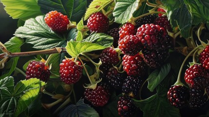  a close up of a bunch of berries on a branch with green leaves and a red berry on the other side of the branch, on a dark green leafy branch.