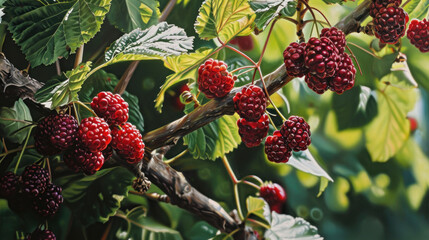  raspberries growing on a tree branch with green leaves and red berries in the foreground, with a blurred background of green leaves and red berries in the foreground.