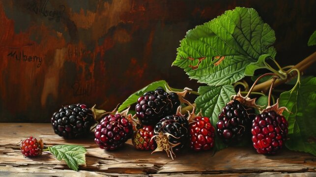  a painting of blackberries and raspberries on a piece of wood with a green leaf on a piece of wood with a brown wall in the background behind.