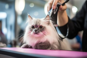  Step into a pet shop and witness a professional groomer using electric clippers to give a cat a stylish haircut - obrazy, fototapety, plakaty