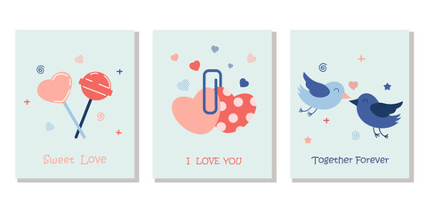 Set of postcards for Valentines Day. Love collection with cards and lettering. Romantic and cute elements in a flat style. Perfect for Valentines day, stickers, birthday, save the date invitation.