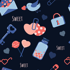 Seamless pattern for Valentines Day in a romantic style. Vector pattern with colored elements symbols of love and romance. Background for use in design