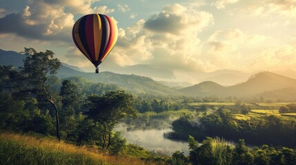  a hot air balloon flying in the sky over a valley with a river in the foreground and a mountain range in the background with clouds in the foreground.