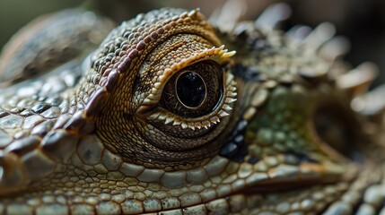 Fototapeta premium a close up of a lizard's eye with a black spot on it's left eye and a black spot on the right eye of the lizard's left eye.