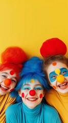 studio photography of three colorful happy clowns, many colors, fun, vivid colors, red, yellow, blue, orange, white