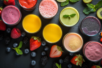 Obraz na płótnie Canvas glasses of various smoothies with straws for healthy dieting breakfast. Vibrant smoothie bowls adorned with assorted toppings. Assorted fruits prepared for smoothie, healthy for our organism, full of 
