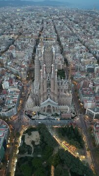 Aerial View of La Sagrada Familia Cathedral in Eixample district of Barcelona Spain 