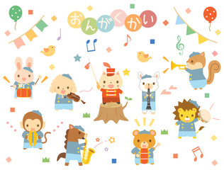 Fototapeta premium 猫やうさぎなどの動物たちの音楽会