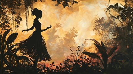  a painting of a woman in a dress walking through a forest with trees and bushes in the foreground, and a yellow sky in the background, with clouds.