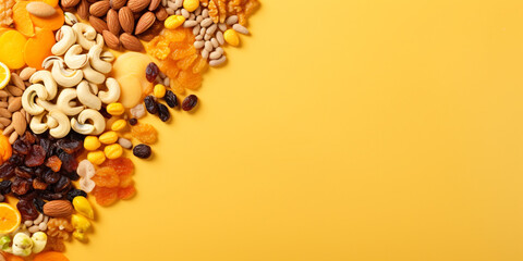 Top view of mixed nuts and dried fruits on a light yellow background. With peanuts, cashews, hazelnuts, almonds, pumpkin seeds, raisins, dried apricots. Healthy nutrition concept