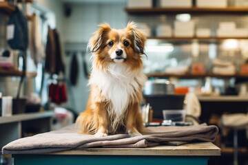 In a pet shop, a wet and fluffy dog stands on a grooming table, surrounded by towels as the groomer diligently dries its coat