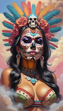 Mexican Warrior Catrina Skull Princess Aztec Goddess Girl Chicano Airbrush Painting Mayan Mexico Painting 3
