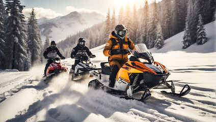 Racers ride a snowmobile in a winter suit in a beautiful magnificent snowy forest, mountains travel - obrazy, fototapety, plakaty