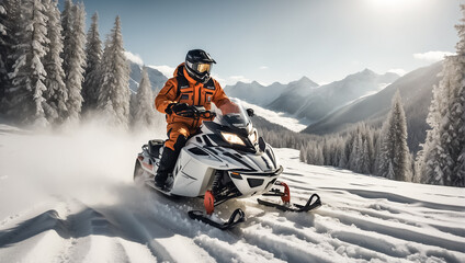 Racers ride a snowmobile in a winter suit in a beautiful magnificent snowy forest, mountains driving