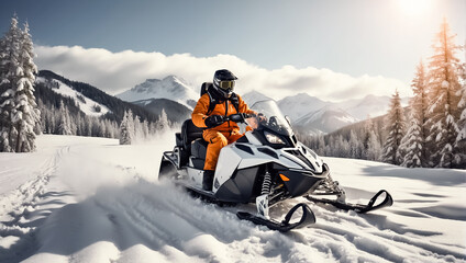 Racers ride a snowmobile in a winter suit in a beautiful magnificent snowy forest, mountains speed - obrazy, fototapety, plakaty