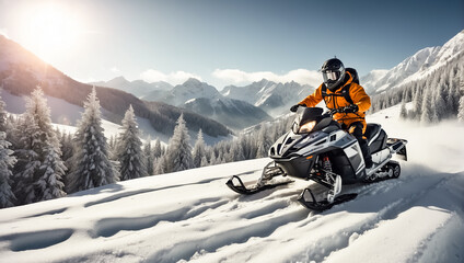 Fototapeta na wymiar Racers ride a snowmobile in a winter suit in a beautiful magnificent snowy forest, mountains adventure
