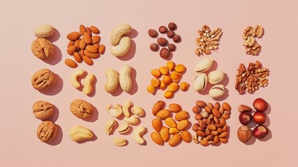  a variety of nuts and nutshells laid out in the shape of the word nuts on a pink background, top view, from above, with space for text.