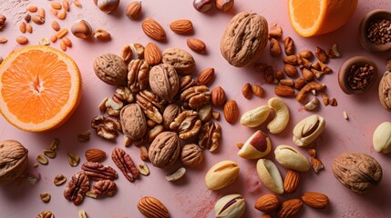  a variety of nuts and oranges on a pink surface with a white star on the top of the nuts and an orange slice on the bottom of the nuts.