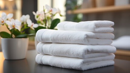 Stack of white towels on the table in the room for relaxation. Concept of spa and relaxation - obrazy, fototapety, plakaty