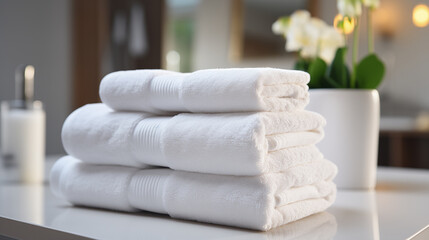 Fototapeta na wymiar Stack of white towels on the table in the room for relaxation. Concept of spa and relaxation
