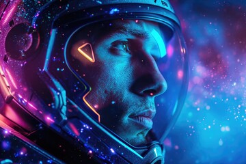 Close-up studio portrait of a man with a futuristic, space explorer look, including a high-tech suit, isolated on a cosmic background