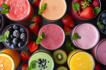 Deurstickers glasses of various smoothies with straws for healthy dieting breakfast. Vibrant smoothie bowls adorned with assorted toppings. Assorted fruits prepared for smoothie, healthy for our organism, full of  © Nataliia_Trushchenko