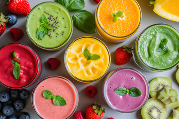 glasses of various smoothies with straws for healthy dieting breakfast. Vibrant smoothie bowls adorned with assorted toppings. Assorted fruits prepared for smoothie, healthy for our organism, full of 