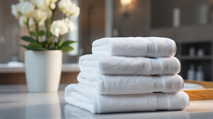 Fototapeta na wymiar Stack of white towels on the table in the room for relaxation. Concept of spa and relaxation