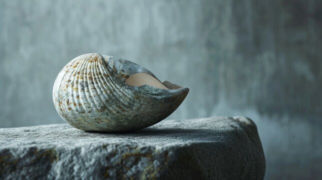  a seashell sitting on top of a rock with a waterfall in the background in the middle of the image is a gray background with a gray wall behind it.