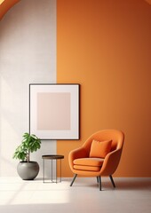 Modern arches interior composition with orange lounge chair and decor, contemporary interior design with copy space.