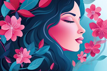 Happy International Women's day with pink flowers. 8th March. Romantic floral composition. Blossom flower in hair. Dark blue and light red pink.
