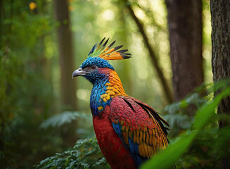 Fantasy bird with unrealistically bright plumage in a dense green forest