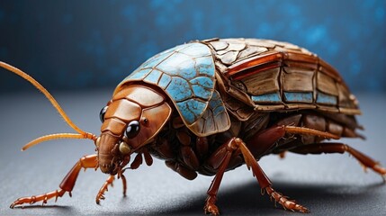 A bug with blue and brown stripes on its back. Generative AI. - obrazy, fototapety, plakaty