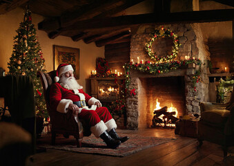 Fototapeta premium Santa Claus is relaxing in his house by the fireplace. There is a fire burning in the fireplace, the room is warm and cozy.