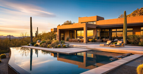 Adobe home with pool and desert landscaping at sunset - obrazy, fototapety, plakaty