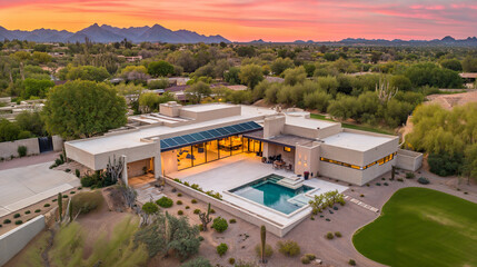 Modern luxury adobe home in a desert mountain community with a swimming pool and solar panels - obrazy, fototapety, plakaty