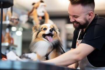 Immerse yourself in the playful atmosphere of a pet shop's grooming area as a lively dog enjoys a refreshing bath