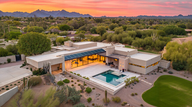 Modern luxury adobe home in a desert mountain community with a swimming pool and solar panels