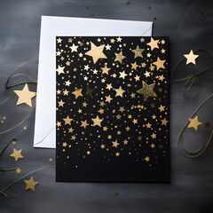 Card with black background and lots of gold stars