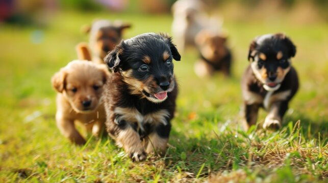 a group of puppies running in a field of grass with one puppy looking at the camera and the other running towards the camera with its mouth open wide open.
