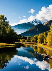 a serene mountain lake reflecting the surrounding peaks and clouds