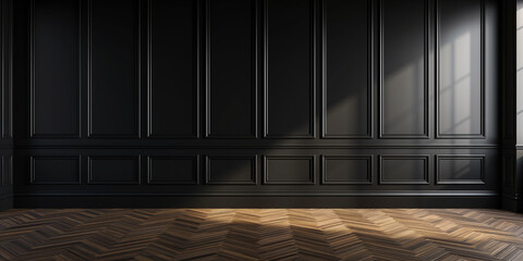 Modern classic black color empty interior with wall panels, moldings and wooden floor. Blank room with black wall panels backgrounds. - obrazy, fototapety, plakaty